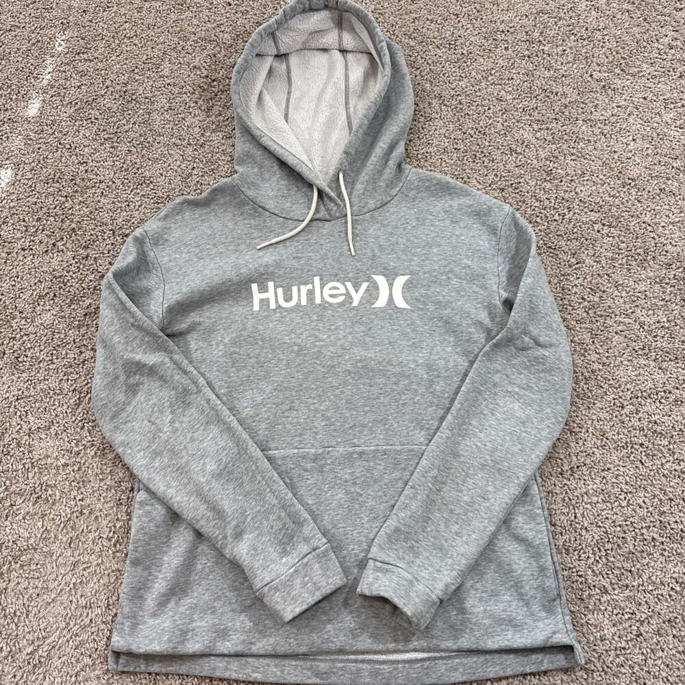 Hurley Womens Sherpa Lined Hoodie Gray Logo Surf Pullover Sweatshirt S EUC
